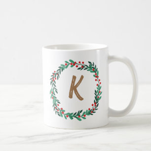 Elegant  Floral Wreath Monogram Initial Christmas  Coffee Mug