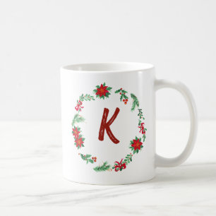 Elegant  Floral Wreath Monogram Initial Christmas  Coffee Mug