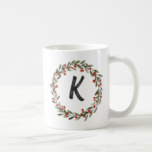 Elegant  Floral Wreath Monogram Initial Christmas  Coffee Mug