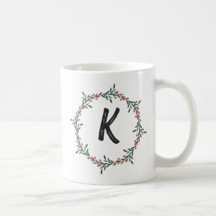 Elegant  Floral Wreath Monogram Initial Christmas  Coffee Mug