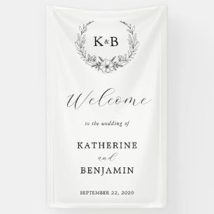 Elegant Floral Wreath Monogram Wedding Welcome Banner