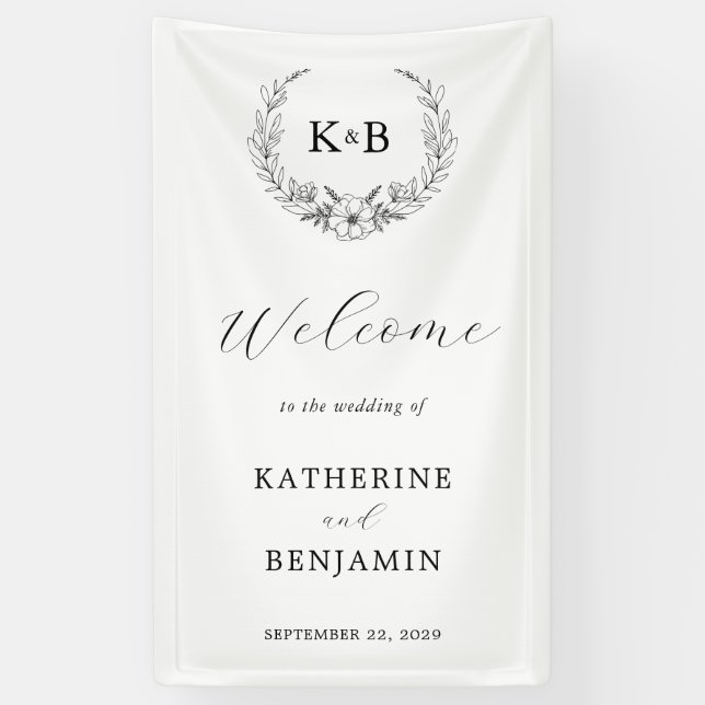Elegant Floral Wreath Monogram Wedding Welcome Banner (Vertical)