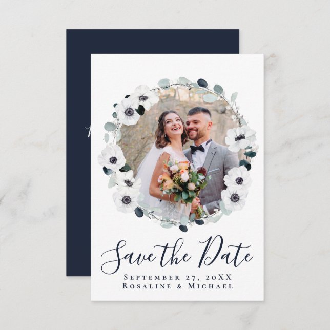 Elegant Floral Wreath Navy Blue Save the Date Invitation (Front/Back)