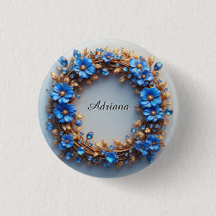 Elegant Floral Wreath of Blue and Golden Elements 3 Cm Round Badge