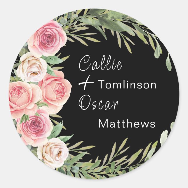 Elegant Floral Wreath on Black Wedding Classic Round Sticker (Front)