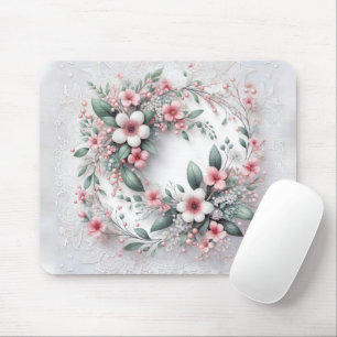 Elegant Floral Wreath On White Bridal Lace Mouse Mat