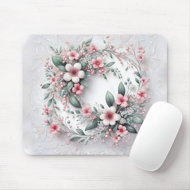 Elegant Floral Wreath On White Bridal Lace Mouse Mat (With Mouse)