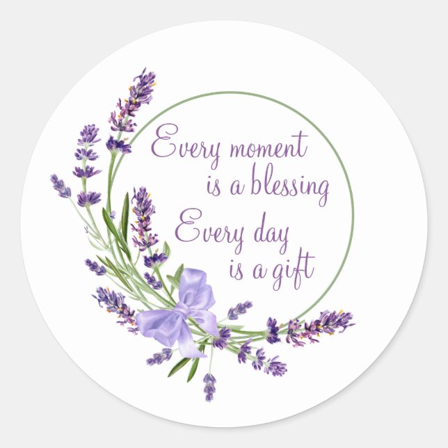Elegant Floral Wreath Purple Flowers & Blessing Classic Round Sticker (Front)