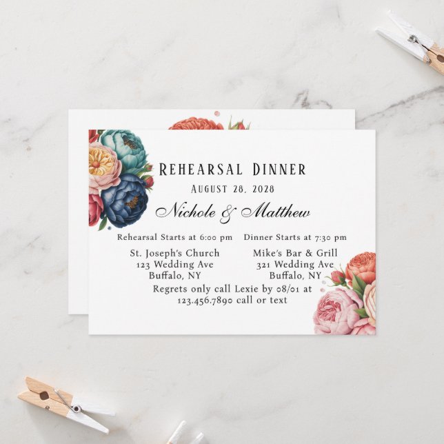 Elegant Floral Wreath Rehearsal Dinner Invitation (Front/Back In Situ)