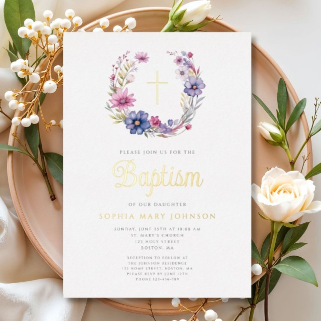 Elegant Floral Wreath Religious Cross Girl Baptism (Elegant Floral Wreath Religious Cross Girl Baptism Foil Invitation)