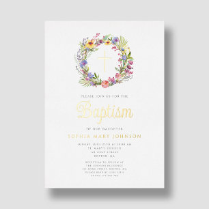 Elegant Floral Wreath Religious Girl Baptism Gold