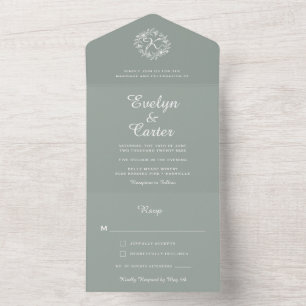 Elegant Floral Wreath Sage Green Wedding  All In One Invitation