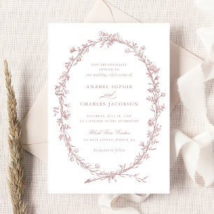 Elegant Floral Wreath Vintage Blush Mauve Wedding Invitation