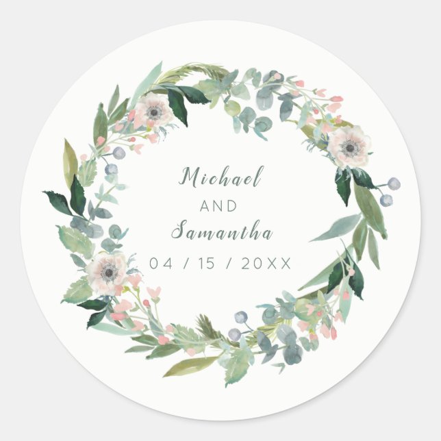 Elegant Floral Wreath Wedding Stickers (Front)