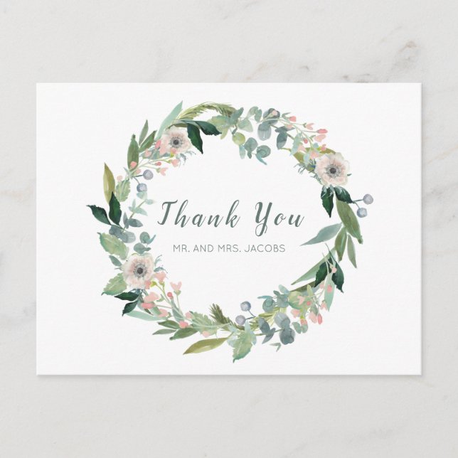 Elegant Floral Wreath Wedding Thank You Postcard (Front)