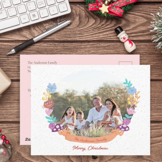 Elegant Floral Wreath White Christmas Photo Holiday Postcard (Creator Uploaded)