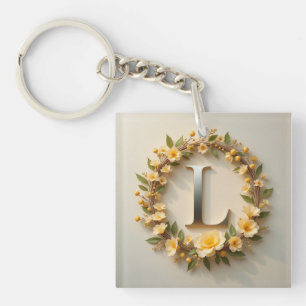 Elegant Floral Wreath with Golden Letter L Key Ring