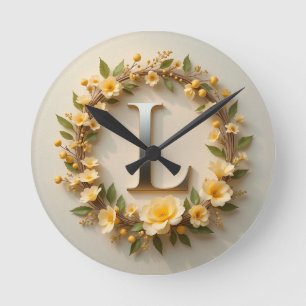 Elegant Floral Wreath with Golden Letter L Round Clock