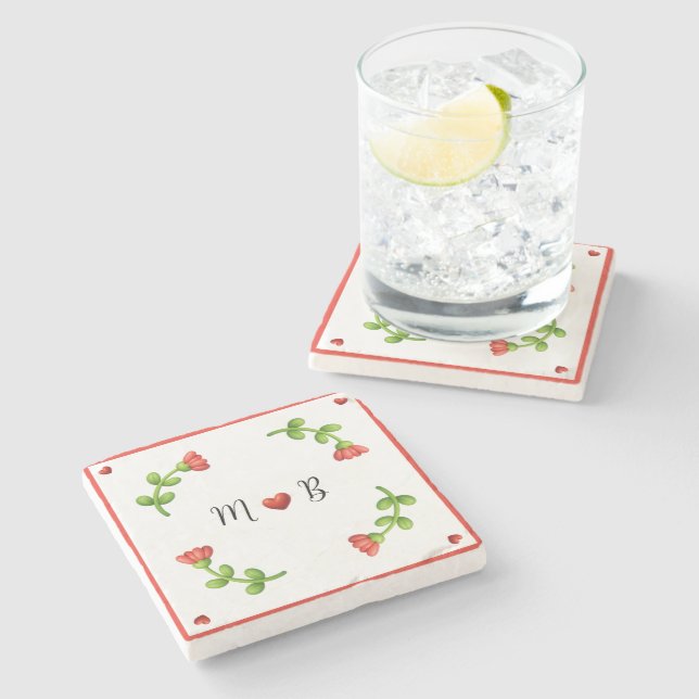 Elegant Floral Wreath with Heart Initials Stone Coaster (Side)
