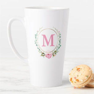 Elegant Floral Wreath with Pink Monogram and Rose Latte Mug
