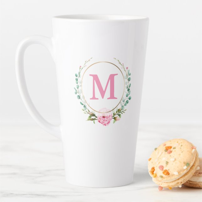 Elegant Floral Wreath with Pink Monogram and Rose Latte Mug (In Situ)