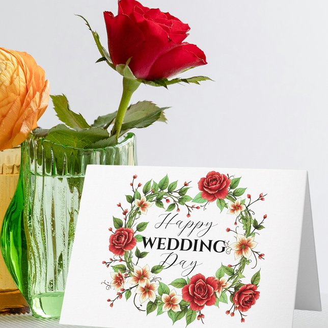Elegant Floral Wreath with Red Roses Wedding Card (Creator Uploaded)