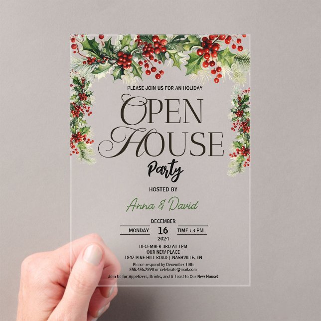 Elegant Floral Xmas Holly Christmas Open House  Acrylic Invitations (Insitu (Handheld))