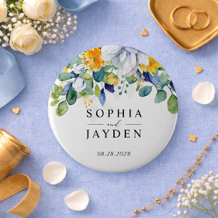 Elegant floral yellow and blue watercolor wedding 10 cm round badge