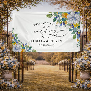 Elegant floral yellow and blue watercolor wedding banner