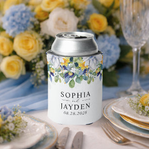 Elegant floral yellow and blue watercolor wedding can cooler