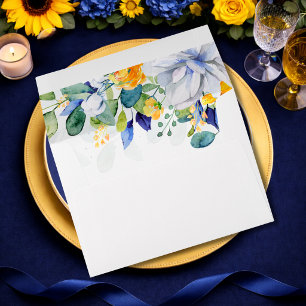 Elegant floral yellow and blue watercolor wedding envelope