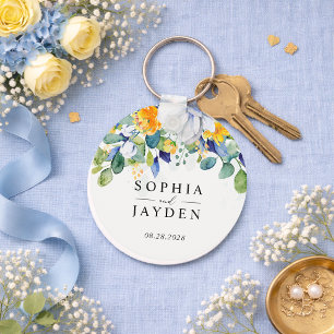 Elegant floral yellow and blue watercolor wedding key ring