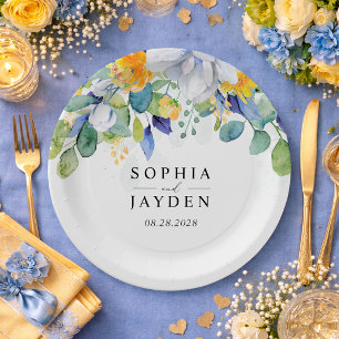 Elegant floral yellow and blue watercolor wedding paper plate