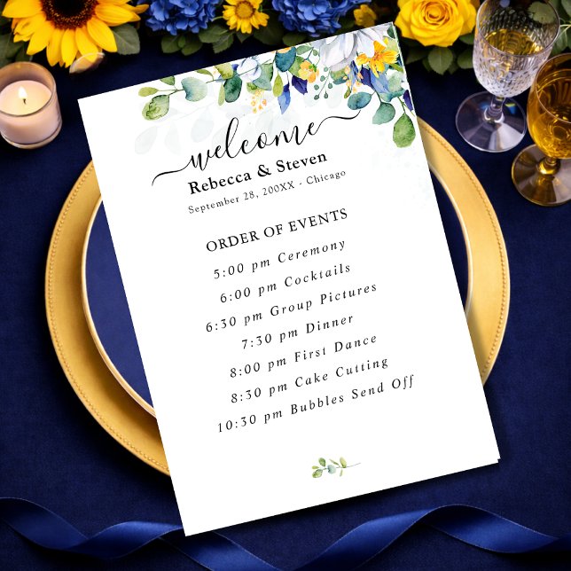 Elegant floral yellow and blue watercolor wedding programme (Creator Uploaded)