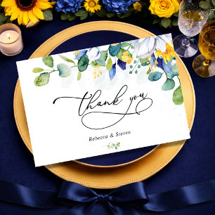 Elegant floral yellow and blue watercolor wedding thank you card