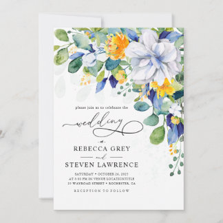 Elegant floral yellow and blue wedding photo invitation