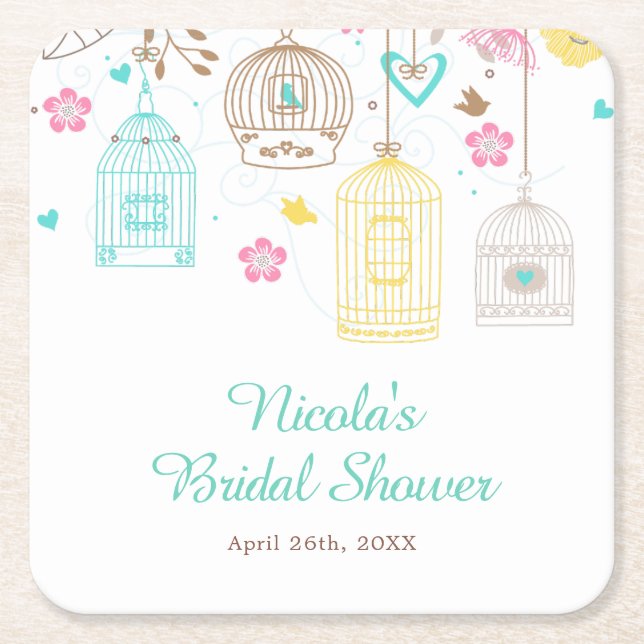 Elegant Floral Yellow and Pink Bridal Shower Square Paper Coaster (Front)