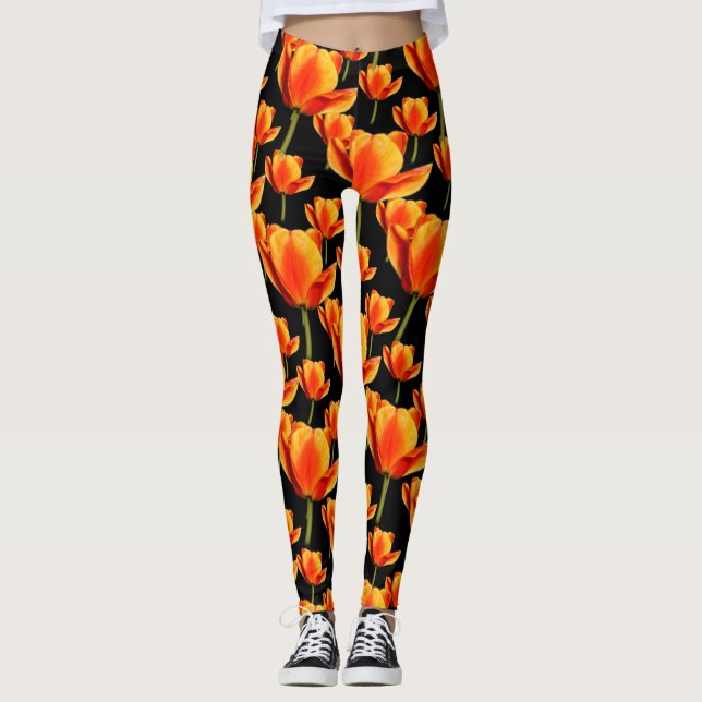 Elegant Floral Yellow-and-Red Streaked Tulips Leggings (Front)
