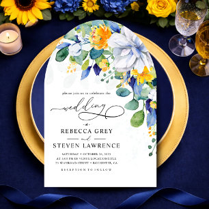 Elegant floral yellow blue wedding arched photo invitation