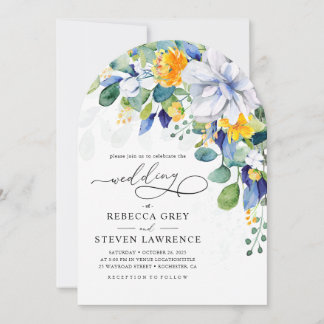 Elegant floral yellow blue wedding arched photo invitation