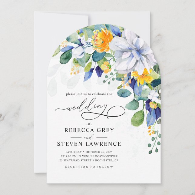 Elegant floral yellow blue wedding arched photo invitation (Front)