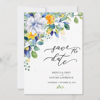 Elegant floral yellow blue wedding photo save the date