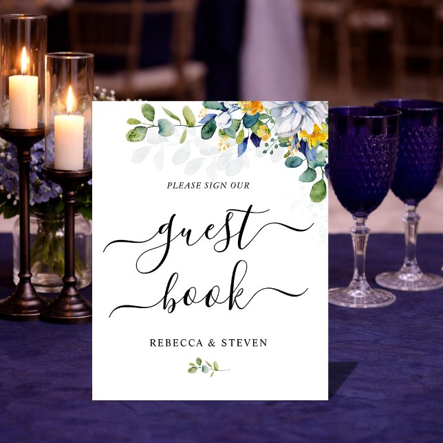 Elegant floral yellow blue white wedding  pedestal sign (Creator Uploaded)