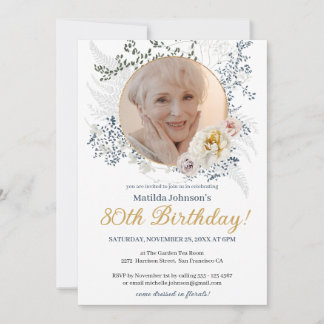 Elegant Floral Yellow Custom Photo 80th Birthday Invitation
