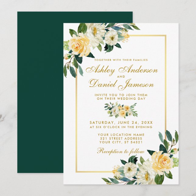 Elegant Floral Yellow Gold Hunter Green Wedding Invitation (Front/Back)