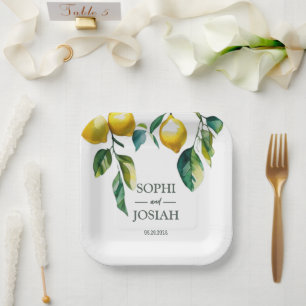 Elegant floral yellow lime lemon wedding paper plate