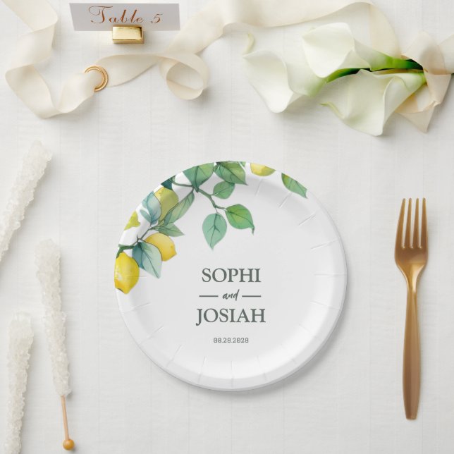 Elegant floral yellow lime white blue wedding paper plate (Wedding)