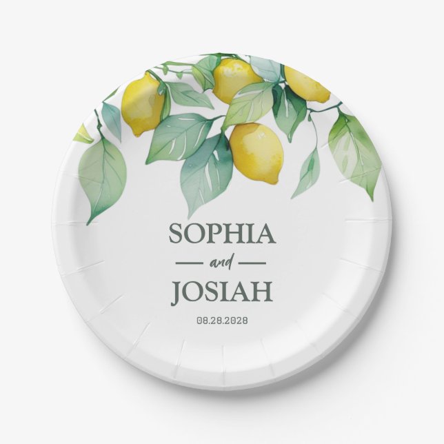 Elegant floral yellow lime white blue wedding paper plate (Front)