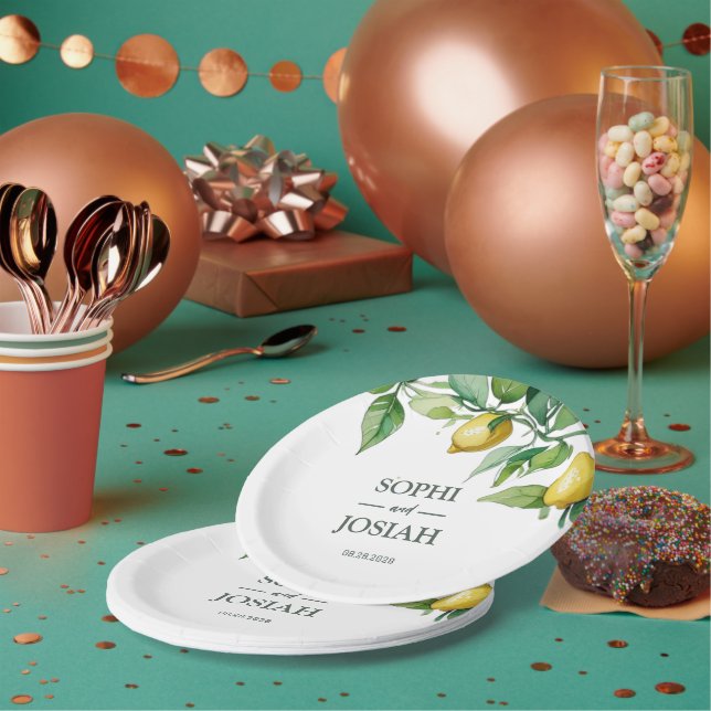 Elegant floral yellow lime white blue wedding paper plate (Multi)