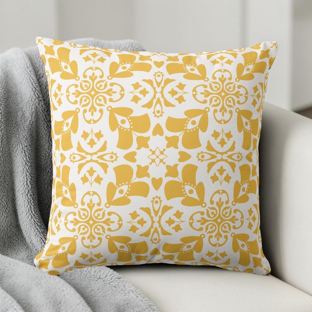 Elegant Floral Yellow Pattern Modern Symmetrical Cushion (Elegant Floral Yellow Pattern Modern Symmetrical Throw Pillow)